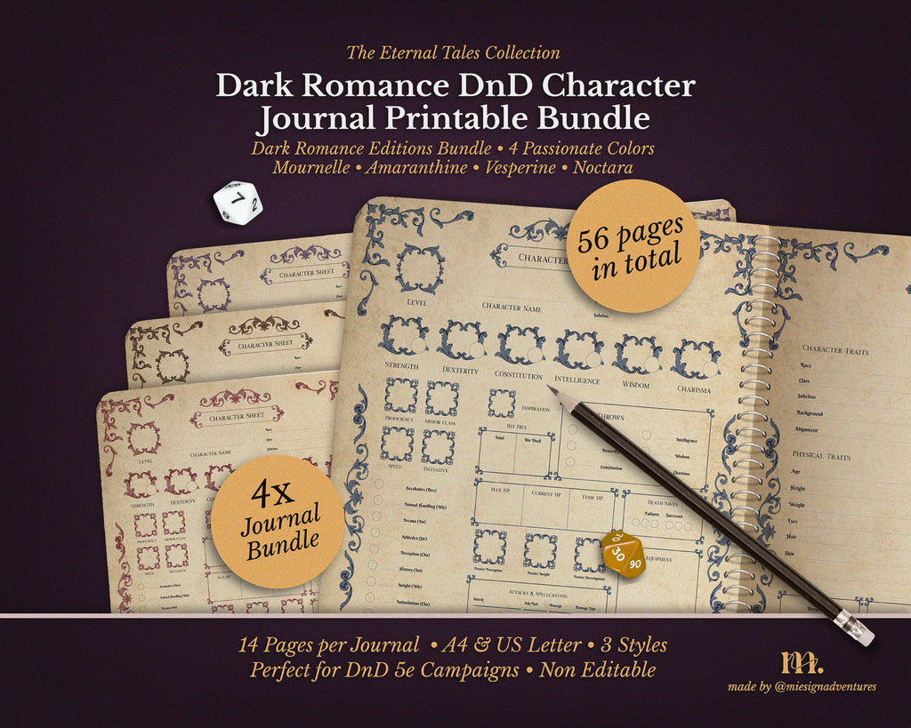 D&D 5e Character Journal Bundle Printable | Dark Romance Edition