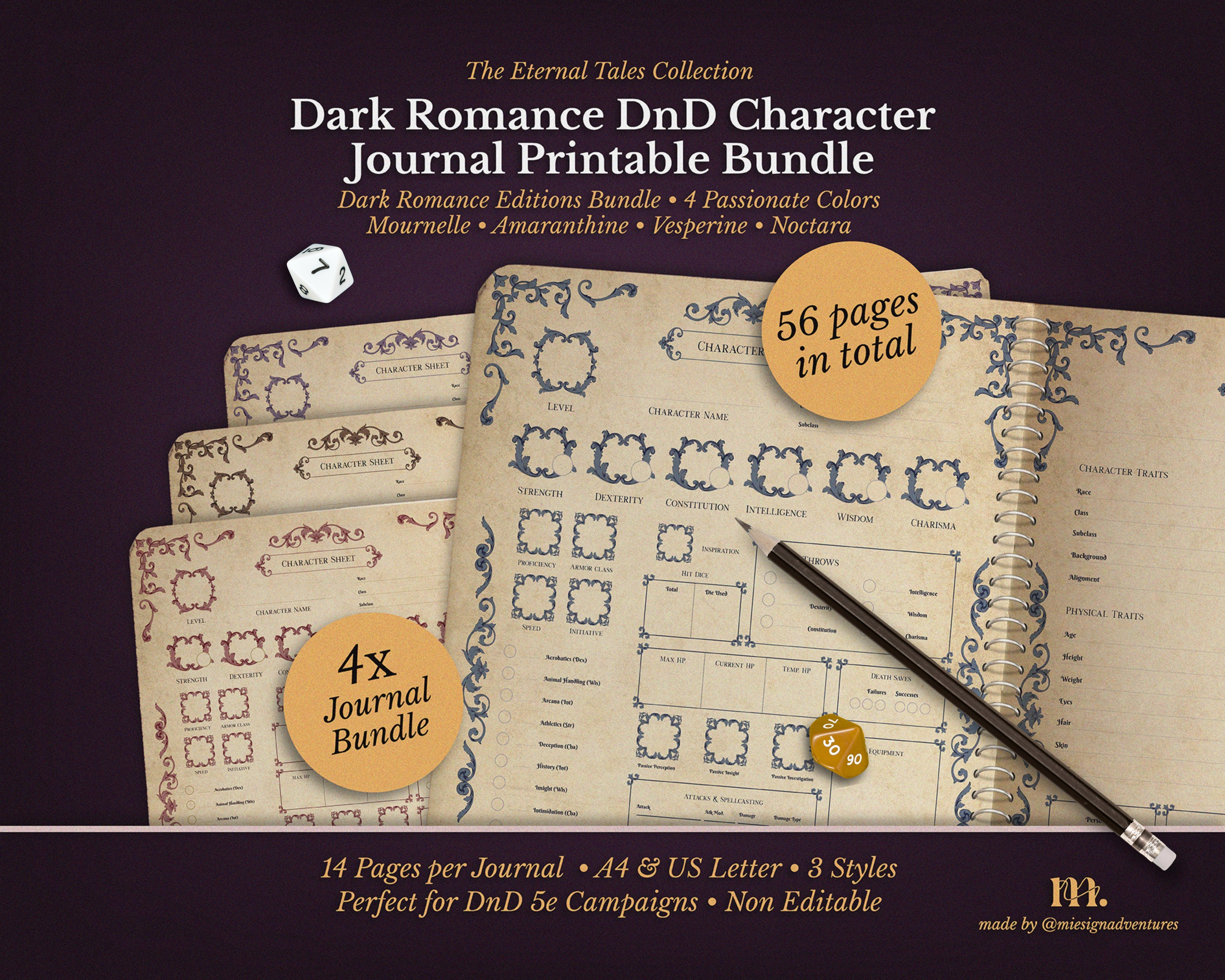 D&D 5e Character Journal Bundle Printable | Dark Romance Edition