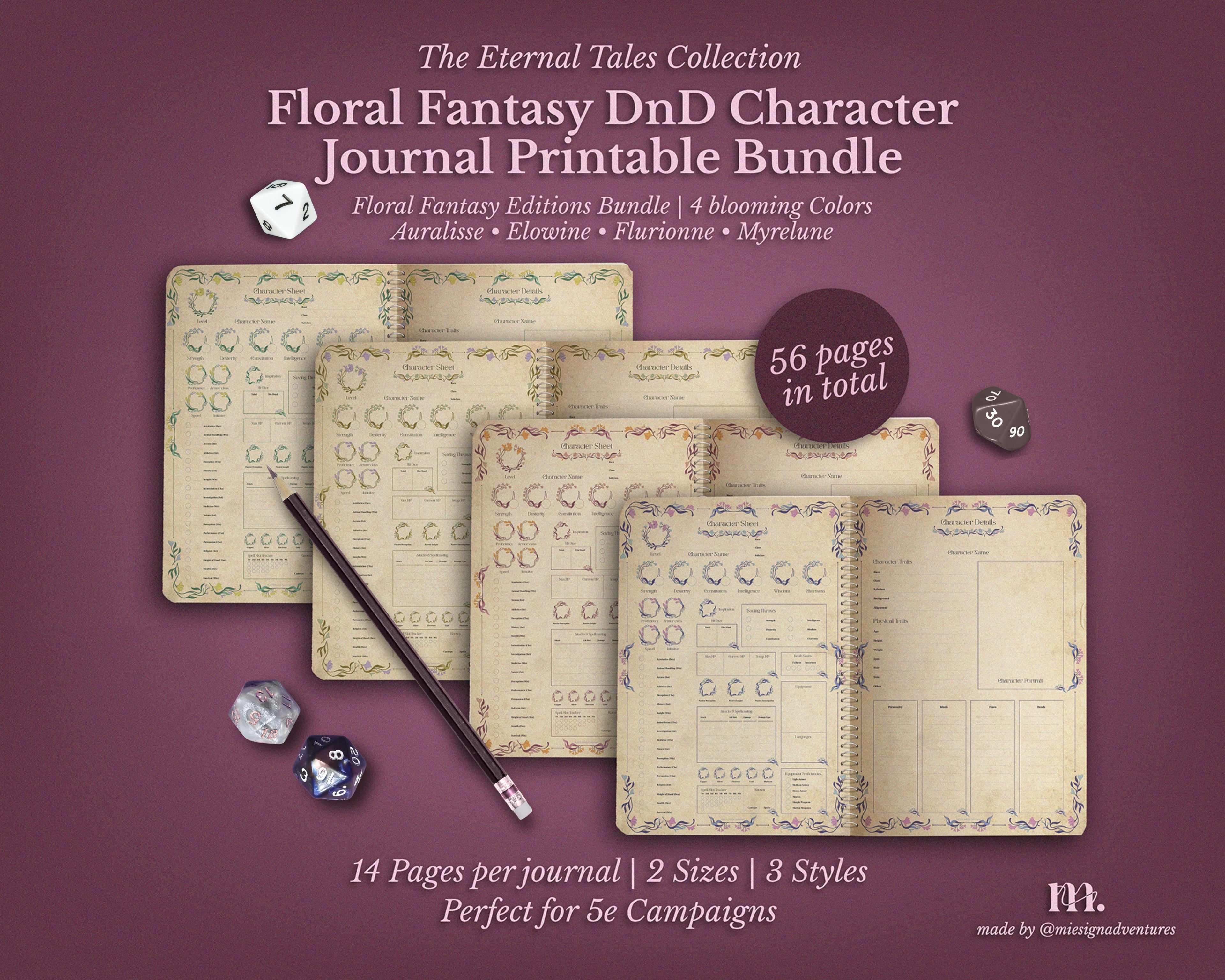 D&D 5e Character Journal Bundle Printable | Floral Fantasy Edition