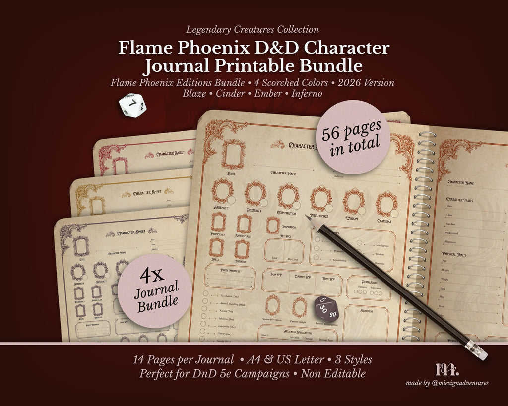 D&D 5e Character Journal Bundle Printable | Flame Phoenix Edition