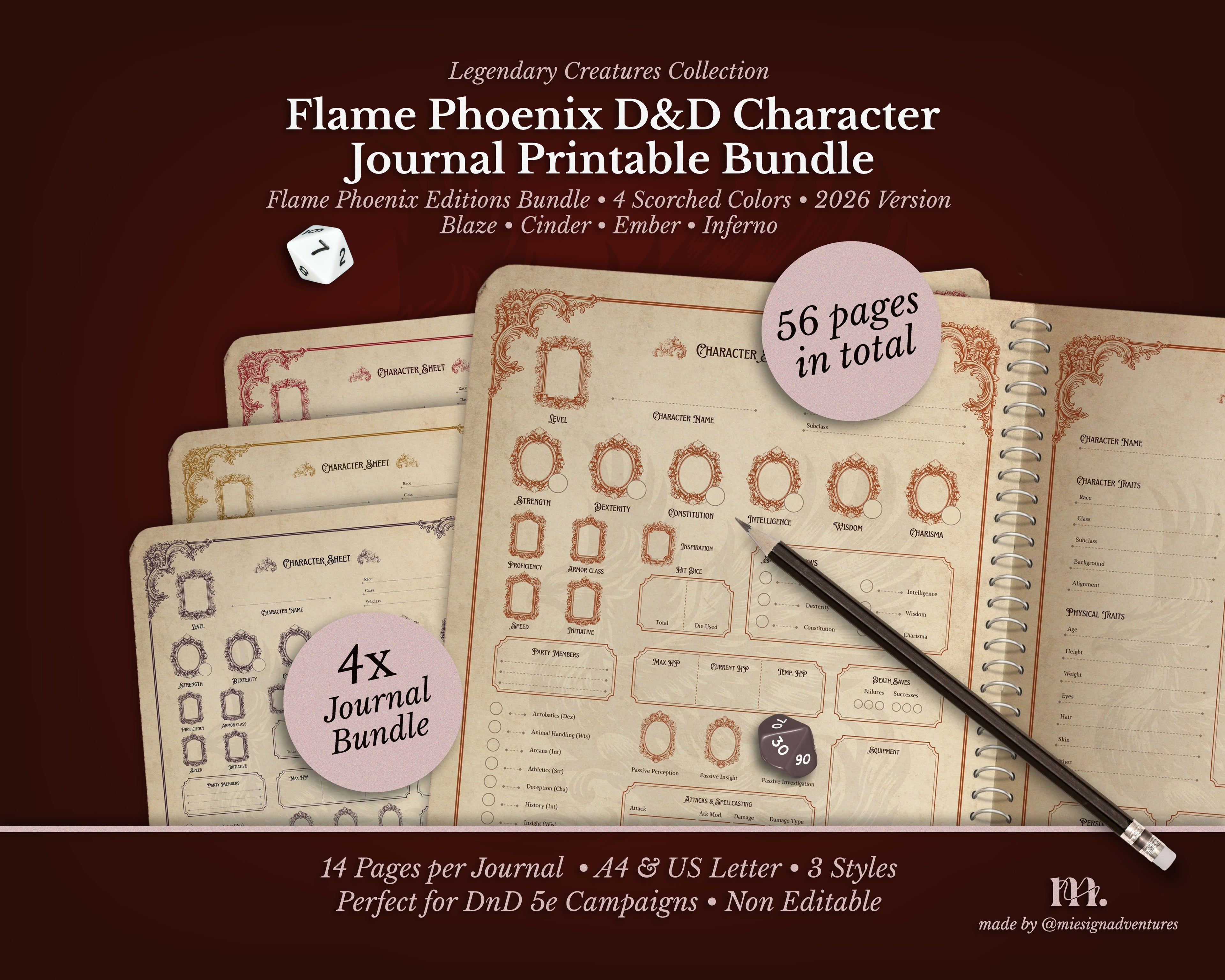 D&D 5e Character Journal Bundle Printable | Flame Phoenix Edition