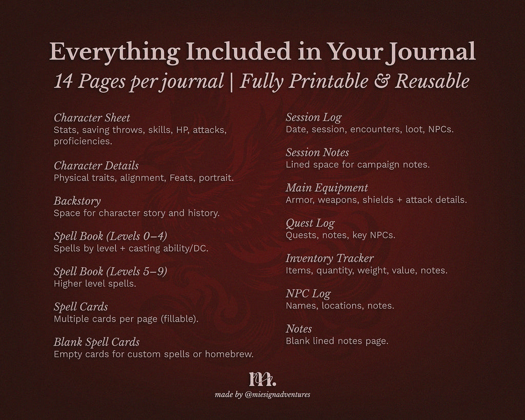 D&D 5e Character Journal Bundle Printable | Flame Phoenix Edition