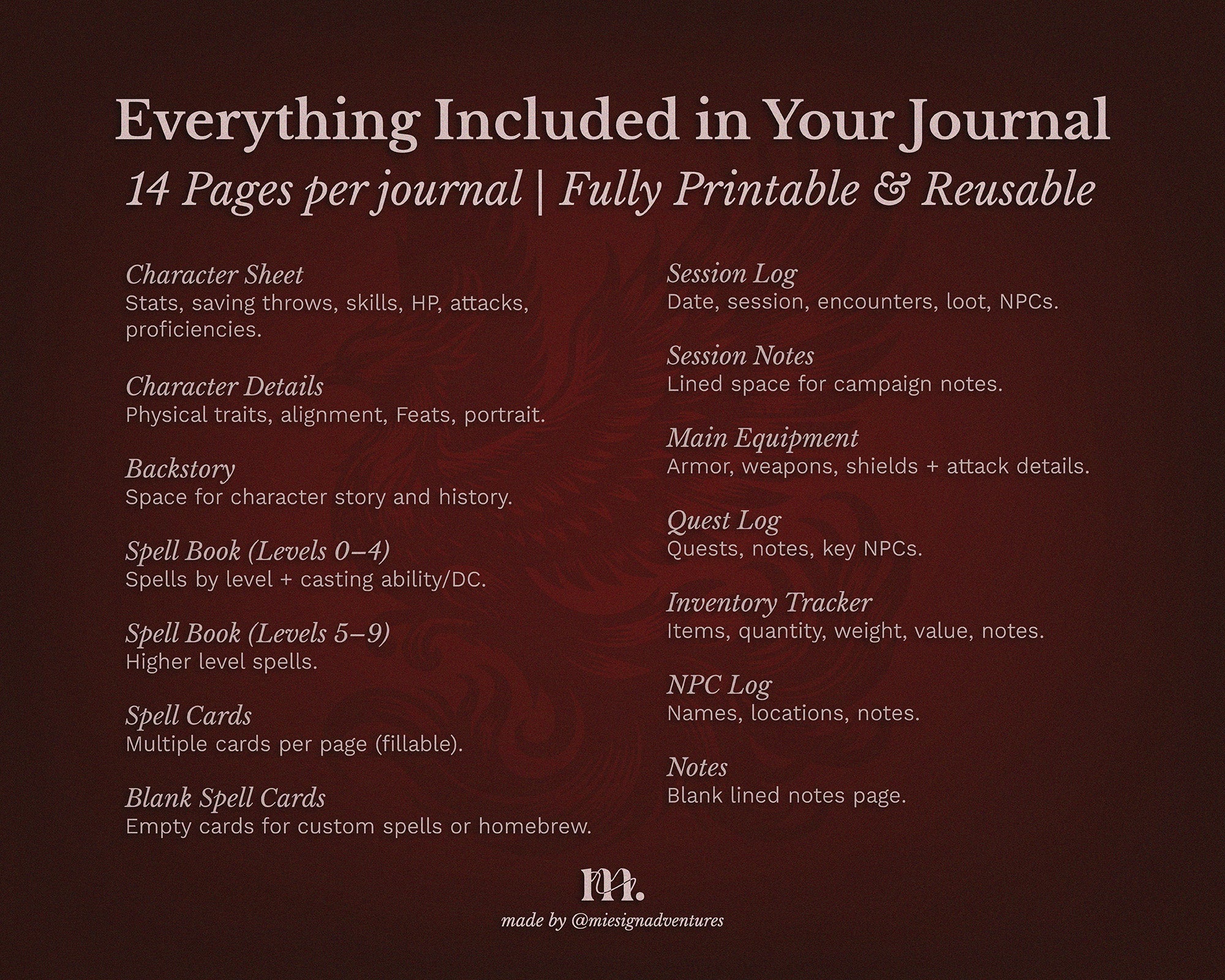 D&D 5e Character Journal Bundle Printable | Flame Phoenix Edition