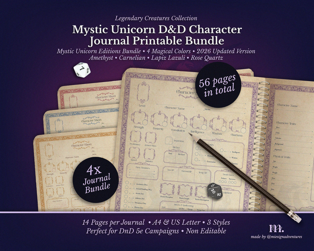 D&D 5e Character Journal Bundle Printable | Mystic Unicorn Edition