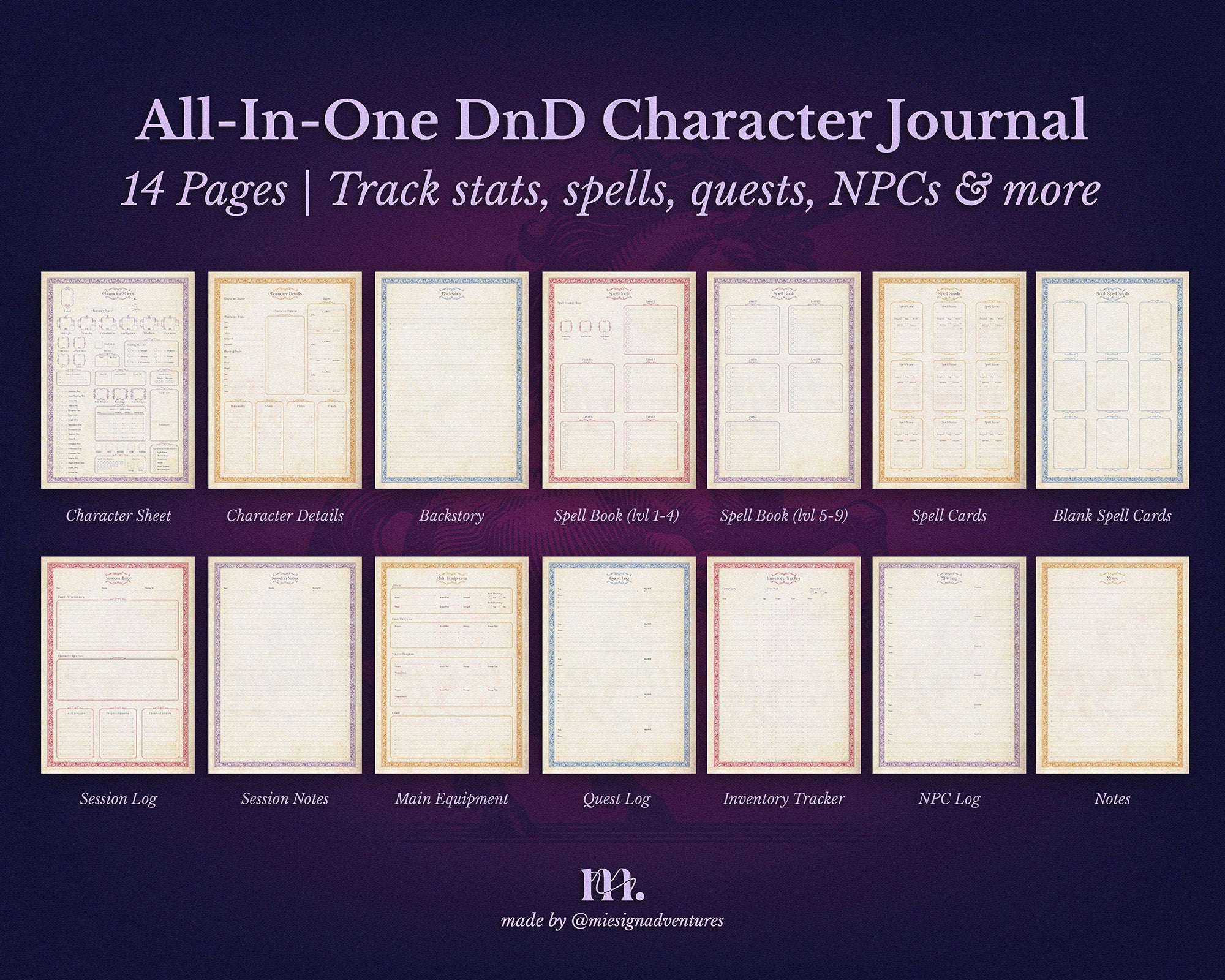 D&D 5e Character Journal Bundle Printable | Mystic Unicorn Edition