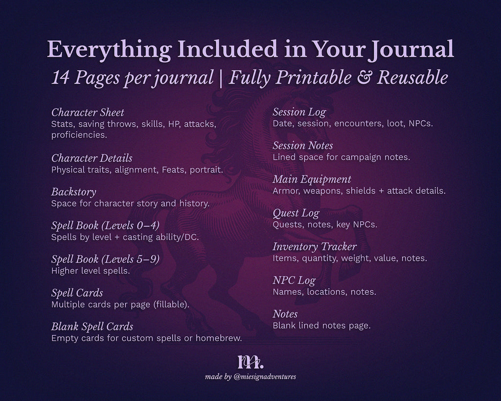 D&D 5e Character Journal Bundle Printable | Mystic Unicorn Edition