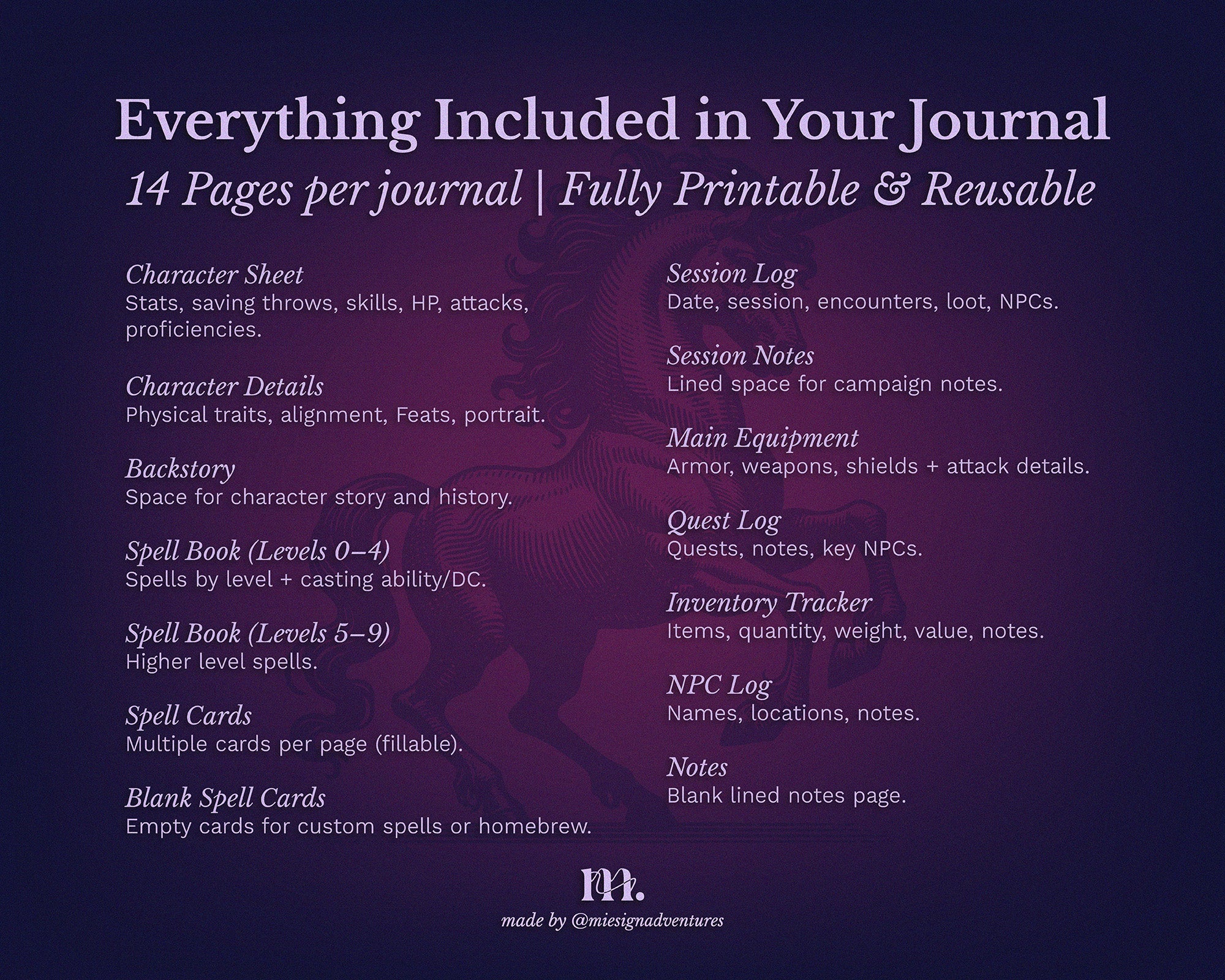 D&D 5e Character Journal Bundle Printable | Mystic Unicorn Edition