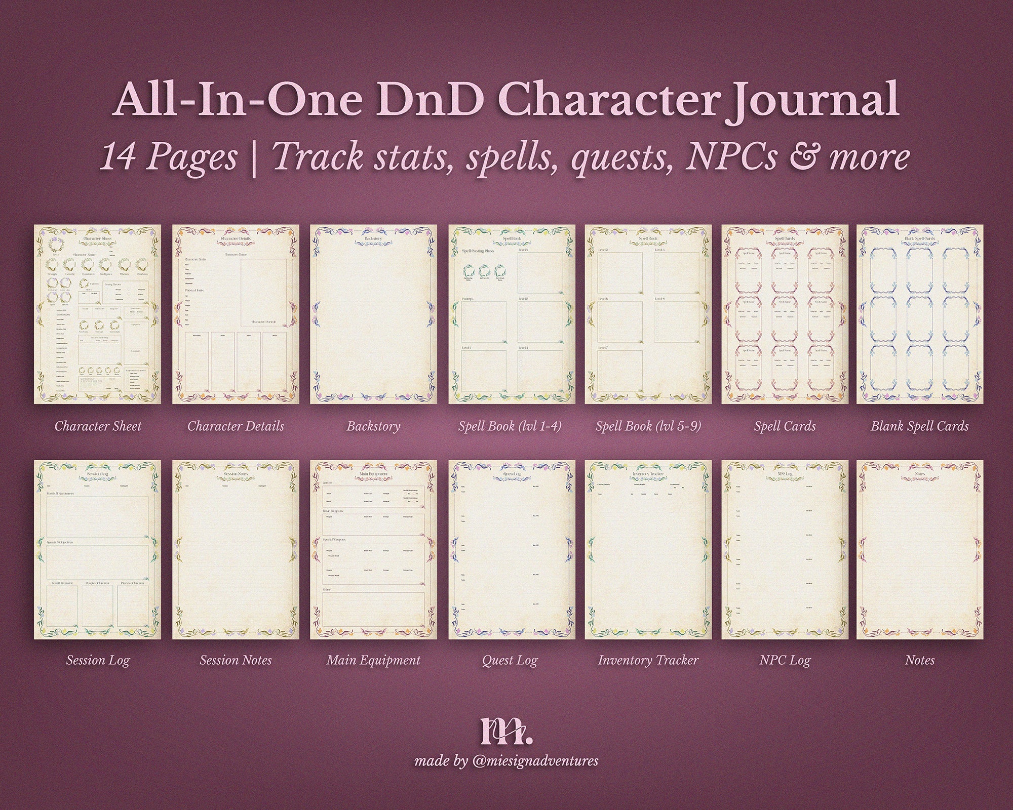 D&D 5e Character Journal Bundle Printable | Floral Fantasy Edition